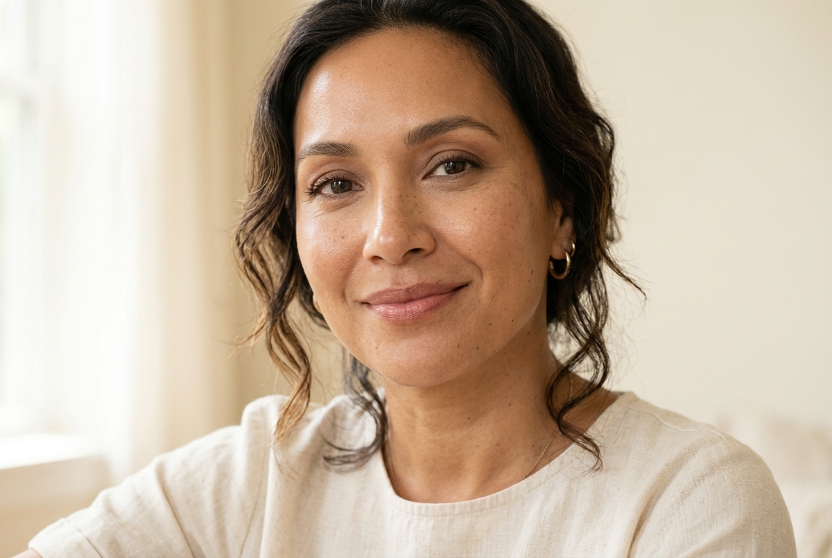 Woman wearing natural everyday makeup in soft window light.